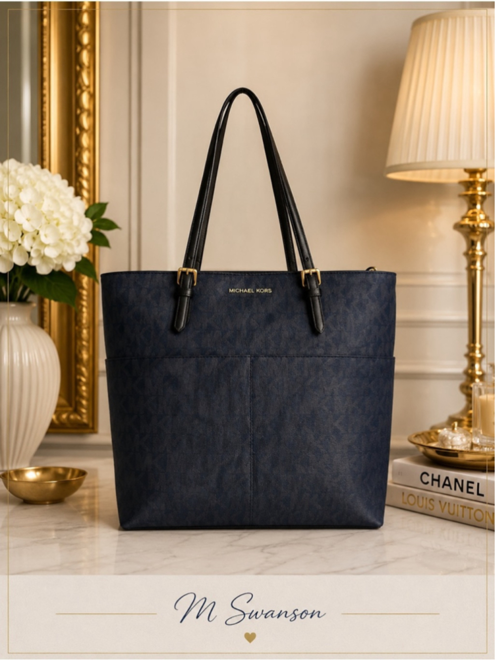 Michael Kors Large Navy Blue Bedford Tote MK Signature Logo Canvas